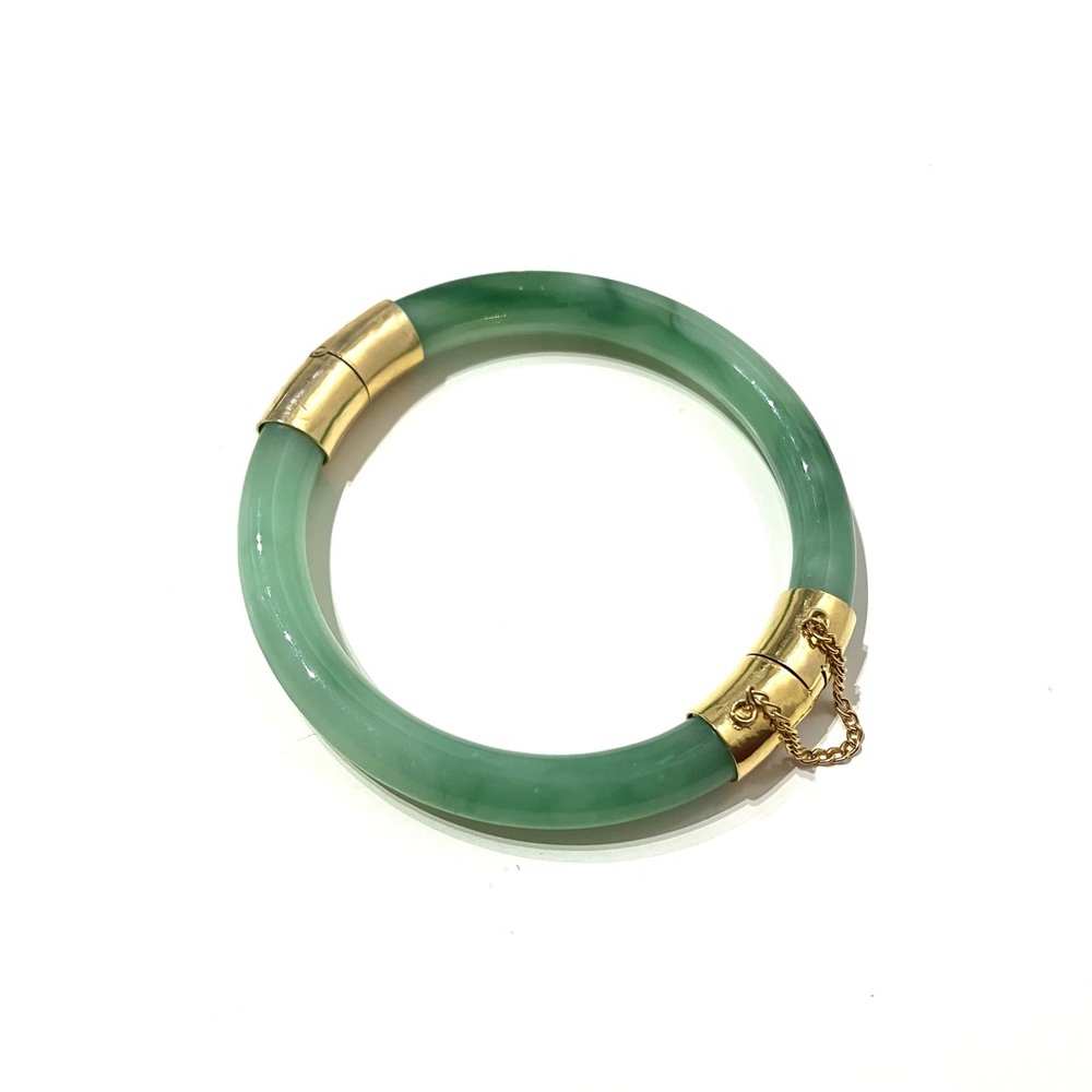 Vintage Faux Jade Glass Gold Tone Hinged Bangle